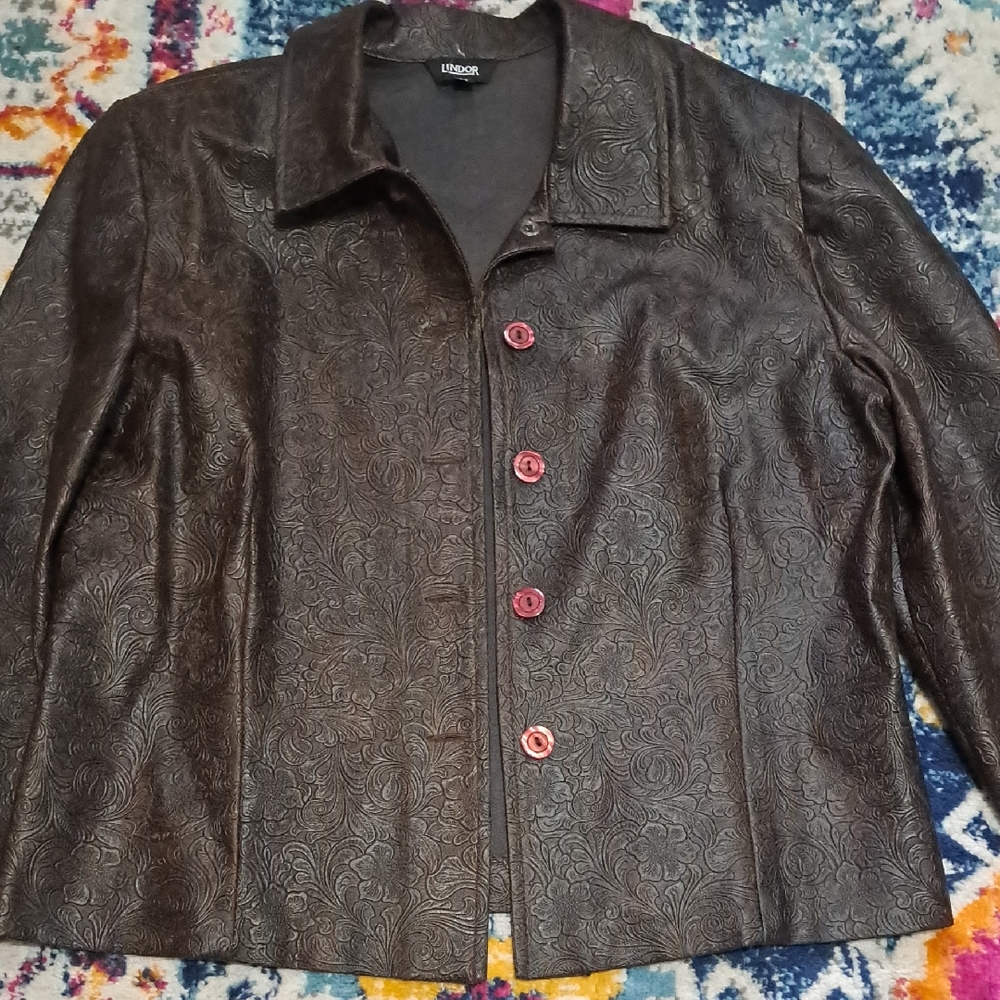 Lux Dark Brown Embossed Leather Jacket with Red Accents